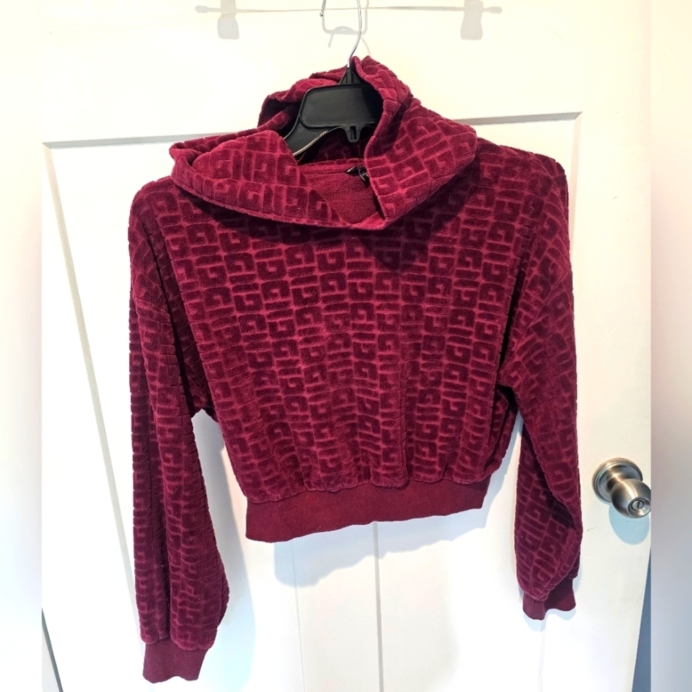GUESS Women’s Velour Logo Hoodie Maroon Burgundy Cropped Pullover Size M